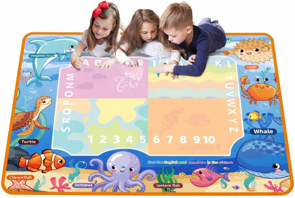 Water Doodle Mat for Kids Mess Free Reusable Drawing & Writing Board, Neon Aqua Magic Coloring Mat, Educational Preschool Learning Toy for Toddlers Boys & Girls (Ocean)