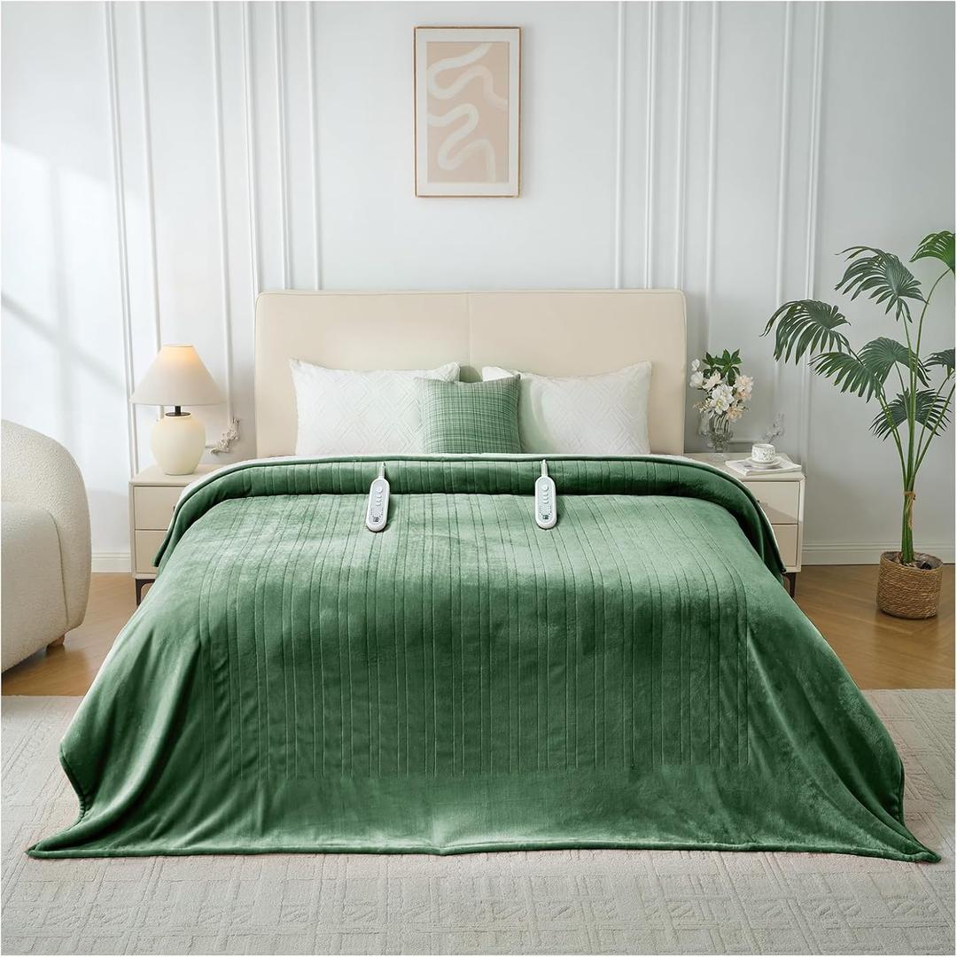 Electric Heated Blanket Queen Size, Dual Control Fast Heating Sherpa Blanket, 8 Heating Levels & 10 Hours Auto Off, Machine Washable with ETL & FCC Certified, Green