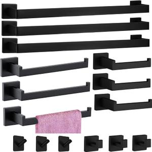 15-Pieces Matte Black Bathroom Accessories Set, Stainless Steel Bathroom Hardware Set, Towel Racks for Bathroom Wall Mounted 24 Inch Bath Towel Bar Set.