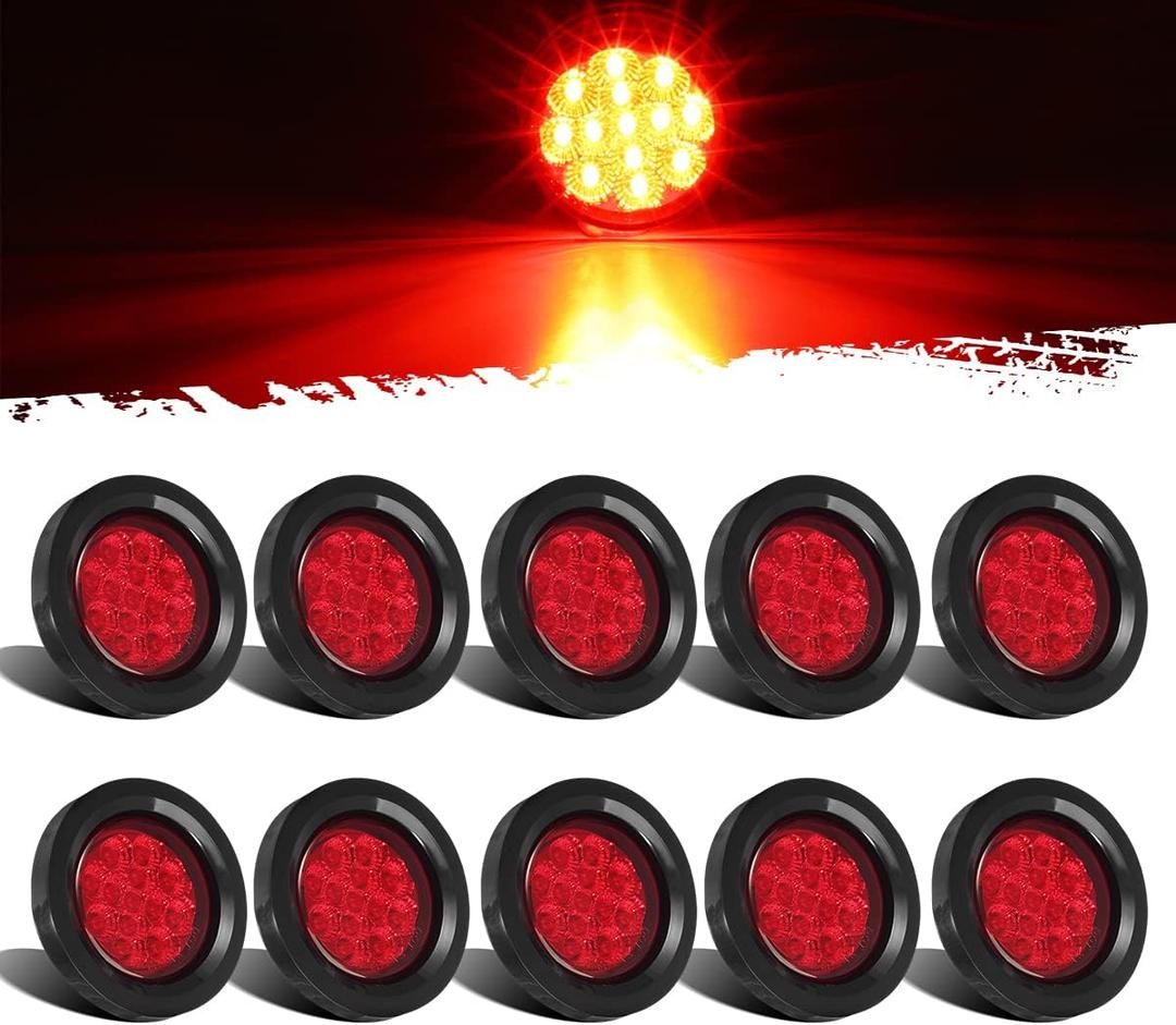 Partsam 10Pcs 2.5" Round Red 13Led Side Marker Clearance Lights [DOT Approved] with Light Grommet and Wire Pigtail for Trailer Truck RV, Flush Mount Waterproof Sealed, 12V