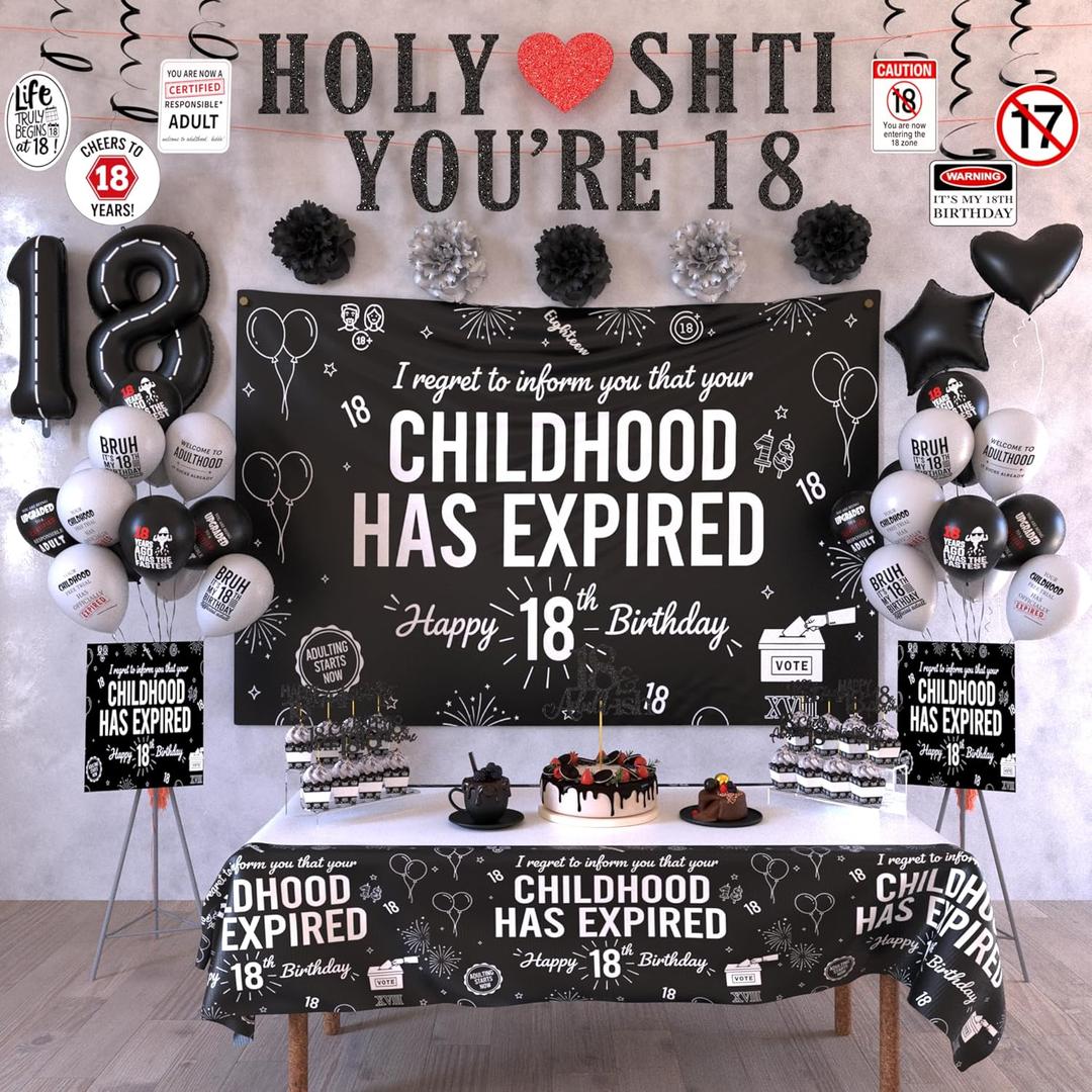 18th Birthday Decorations For Boys Includes Banner, Backdrop, Tablecloth, Latex Balloons, Foil Balloons, Cake Topper, Cupcake Toppers & Hanging Swirls
