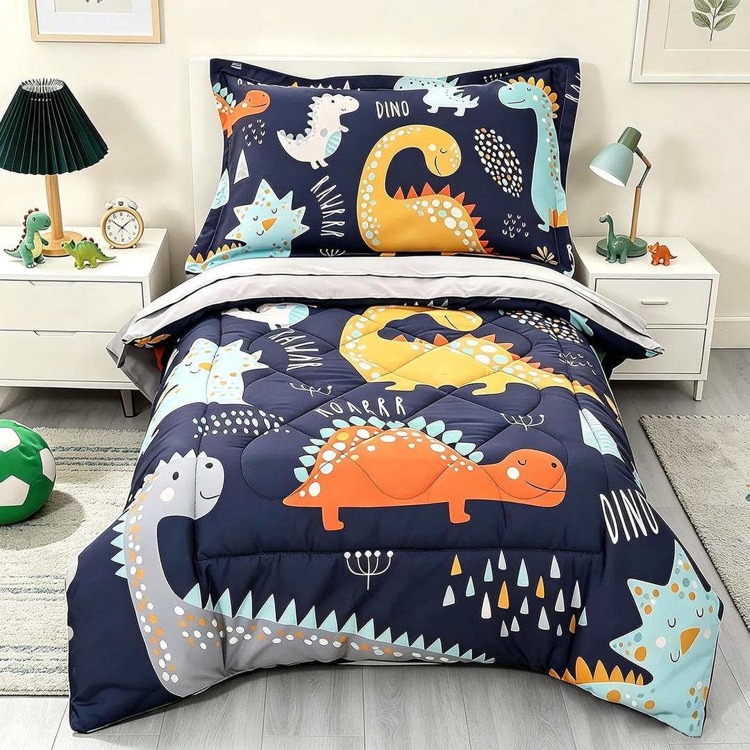 Toddler Bedding Set, 4 Piece Toddler Bedding Set for Boys, Includes Toddler Bed Comforter, Flat Sheet, Fitted Sheet and Pillowcase, Dinosaur Navy Blue