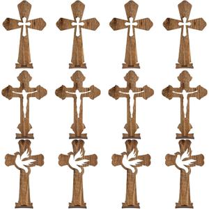 24 Pcs Easter Wooden Crosses for Craft Small Baptism Decor Catholic Rustic Unfinished Standing Cross for Centerpieces Easter Decor Table First Communion, 3 Styles, 6.7 x 4.3 Inches(Dark Brown)