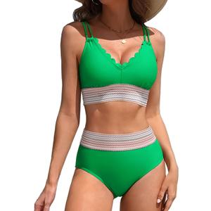 Charmo Women's Scalloped Bikini Sets High Waisted Two Piece Swimsuits Sporty Color Block High Cut Bathing Suit (Medium)