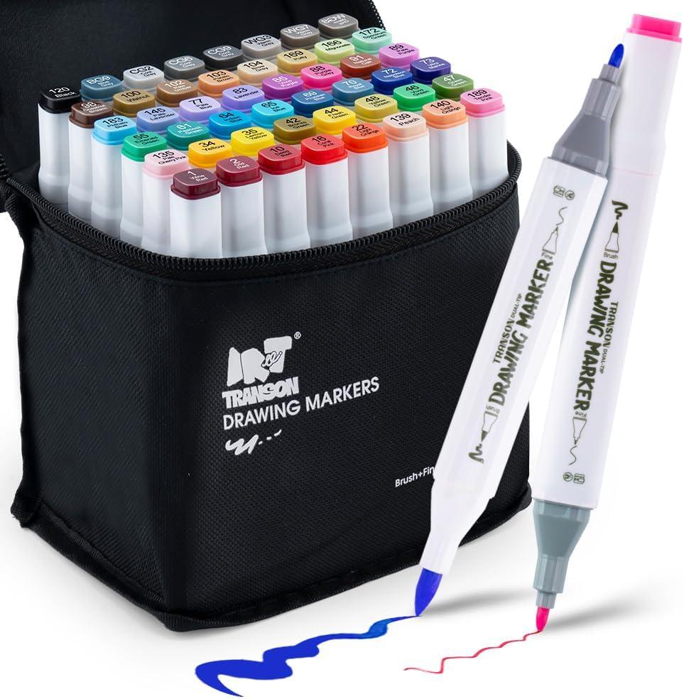 TRANSON Alcohol Markers for Drawing Coloring 48 Colors Dual-tip Fine and Brush Tips