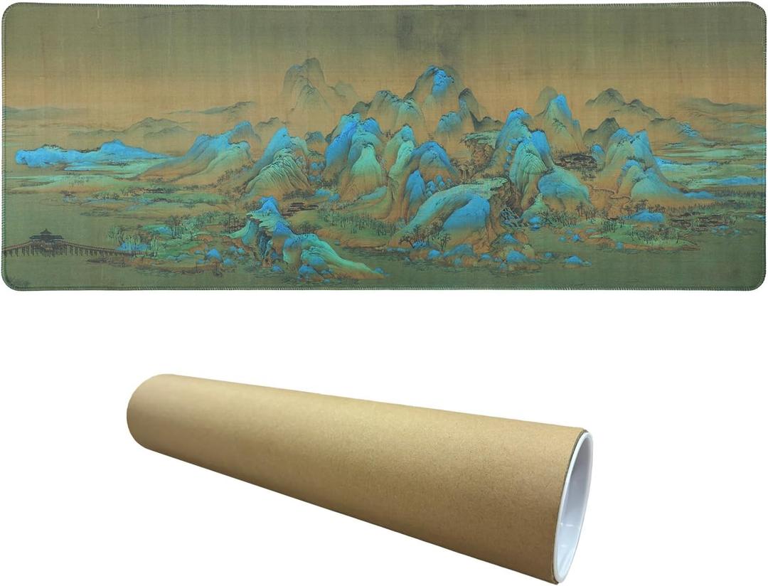 Chinese Style Famous Art Mouse Pad, 31.5x12 Inches Non-Slip Rubber Base, Waterproof Desk Mat for Office & Gaming (Extended XX-Large, A Thousand Li of Rivers and Mountains (Chinese Landscape Painting))