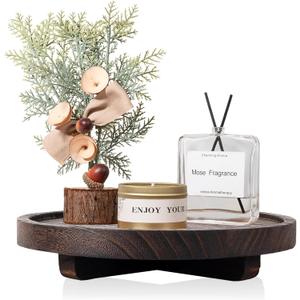 Round Decorative Tray Wood Bathroom Counter Organizer Farmhouse Kitchen Decor Wooden Riser for Soap Dish, Perfume, Candle, Sponge, 8" - Bark Brown