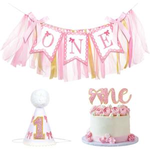 3PCS Pink Bow 1st Birthday Highchair Decorations for Baby Girl Pink Bow 1st Birthday Highchair Banner One Cake Topper Hat for Princess Fairy Girls Just Wanna Be One Party Supplies