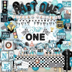 Fast One Birthday Decorations for Boys, 143Pcs Race Car Racing 1st Party Decor Supplies for Baby - Banner, Cake Toppers, Balloons, Tablecloth, Centerpieces, Crown, Poster, Boxes, Wall Signs