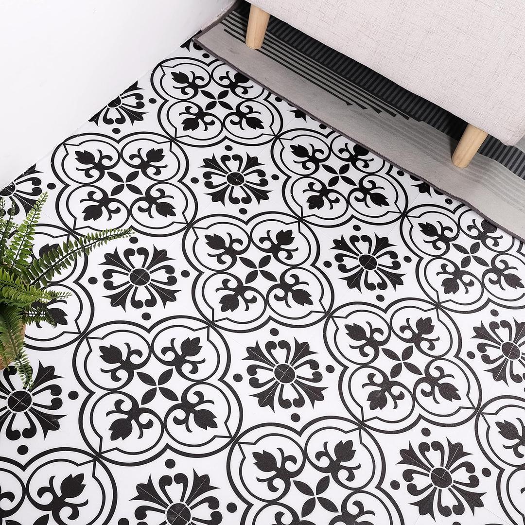 Alow Peel and Stick Floor Tile: 10 Pcs Black and White Peel and Stick Flooring Waterproof, Self-Adhesive Removable Vinyl Flooring 11.8In by11.8In for Bathroom,Kitchen