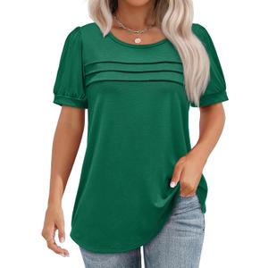 Womens Summer Short Sleeve Tops Pleated Shirts Crewneck Outfit Puff Sleeve Blouses Casual Tunic Blue Flower (Green, XL)