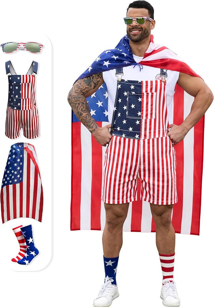 Bindefon American Flag Overalls Men,4th of July Cape,USA Sunglasses,Patriotic Socks,4 Pcs for Independence Labor Day (XX-Large, Red/White and Blue)