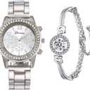 3 Pcs Elegant Diamond Watches and Bracelet Set for Women Classic Round Dial Rehinestore Bezel Analog Quartz Ladies Watches