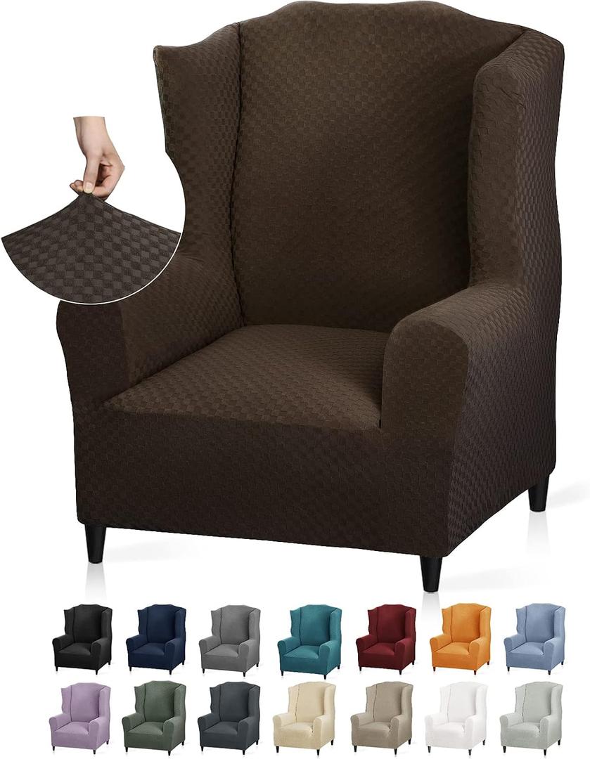 YEMYHOM 1 Piece Stretch Wingback Chair Slipcover Latest Jacquard Design Wing Chair Cover Non Slip Furniture Protector with Foam Rods for Living Room (Wing Chair, Dark Coffee)