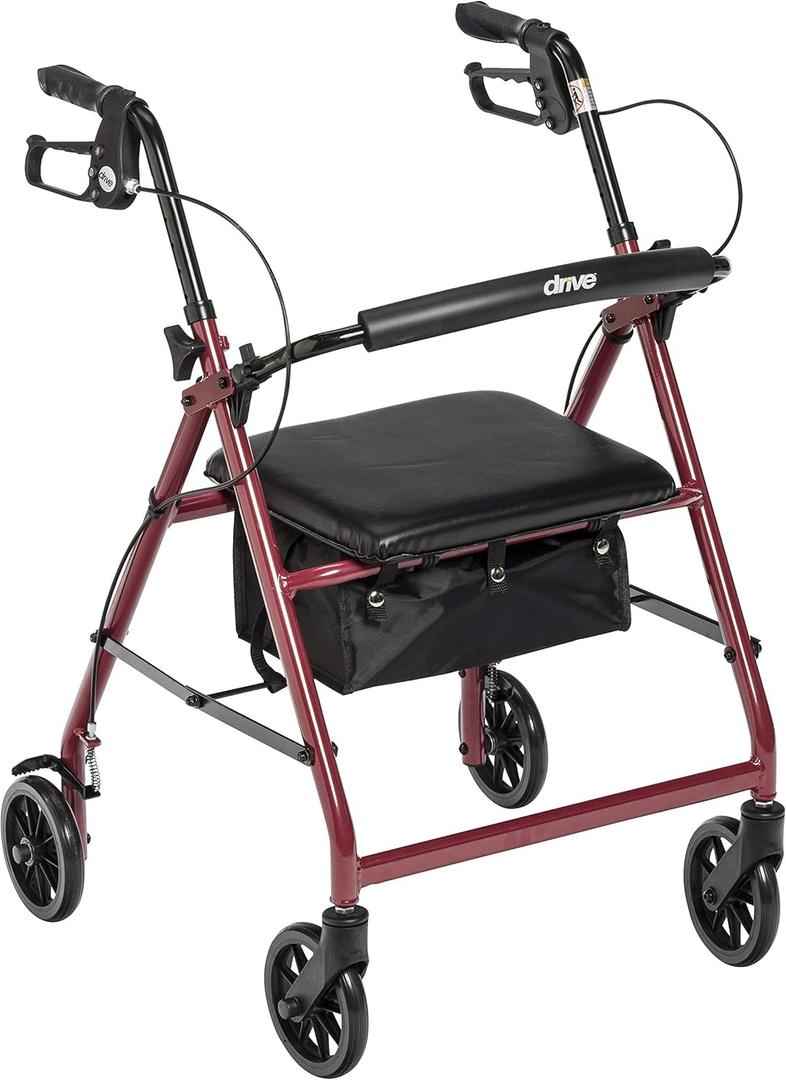 Drive Medical Aluminum Rollator Walker Fold Up and Removable Back Support, Padded Seat, 6" Wheels, Red