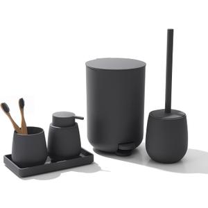 Grey Bathroom Accessories Set with Small Trash Can 3 Liter/0.8 Gallon,Toothbrush Holder,Soap Dispenser,Vanity Tray,Toilet Bowl Brush and Holder Grey 5PCS