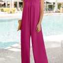 ZESICA Women's Summer Loose Jumpsuit Casual V Neck Sleeveless Oversized Wide Leg Pant Overalls Romper with Pockets | Casual Wide Leg Pant Loose Overalls, Ruffle Sleeves V Neck Long Romper, Solid Color, Beach Vacation One Piece Outfits (Pink, M)