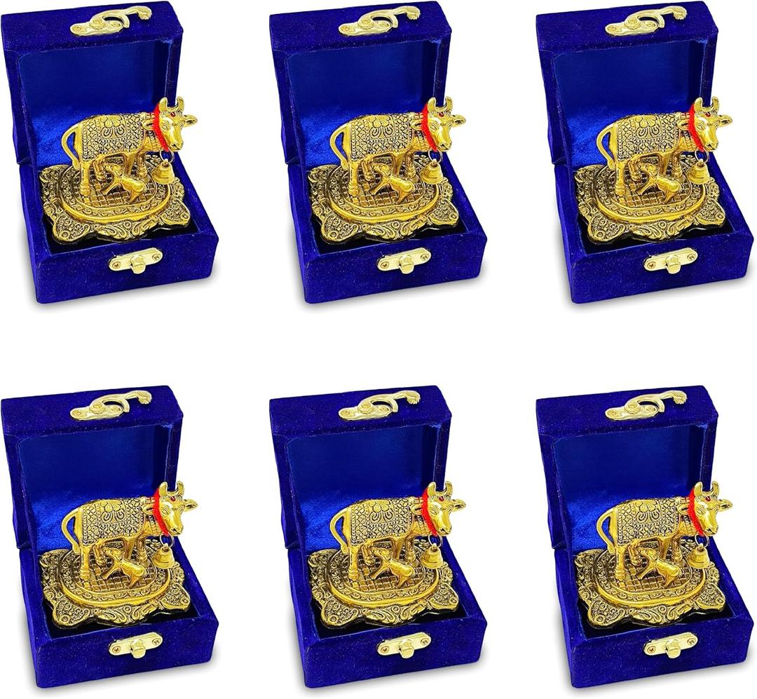 NOBILITY Pooja Items Diwali Gift Golden Small Kamdhenu Cow and Calf with Blue Box Metal Statue Decorative Item Showpiece for Home Office Decoration Wedding Return Gifts (Pack of 6)