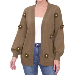 Women's Knit Cardigan 3D Floral Open Front Long Sleeve Fall Winter Crochet Outerwear Sweater Brown Large (L)