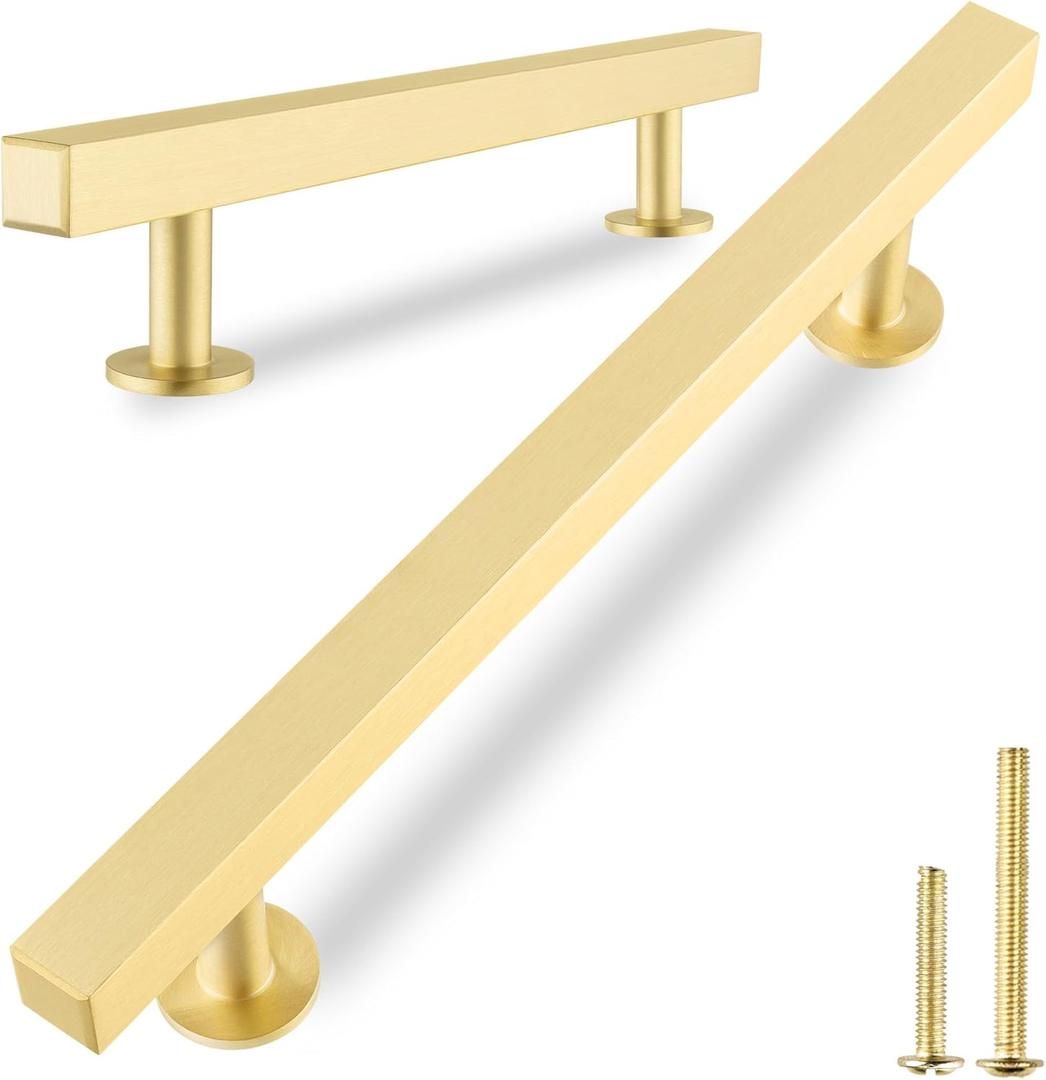 QOGRISUN 2-Pack Solid Brass Cabinet Handles, Gold Square T Bar Cabinet Pulls, 6-1/4 Inch Hole Center for Kitchen Dresser Drawer Cupboard, Brushed Brass Finish