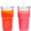 20oz Ribbed Glass Cups with Lids and Straws Iced Coffee Glass Tumbler Drinking Glasses Set of 2 for Tea Juice Soda Smoothie(Ribbed A*2 with Lid)