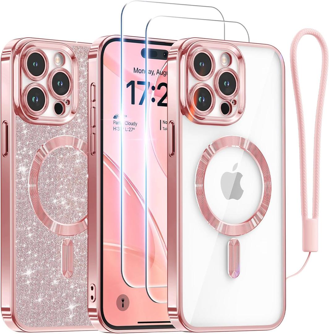 Meifigno for iPhone 15 Pro Case 6.1", [Glitter Card & Wrist Strap] [Compatible with MagSafe] [2X Screen Protectors] Surround Raised Camera Lens Protection for 15 Pro Case, Rose Gold