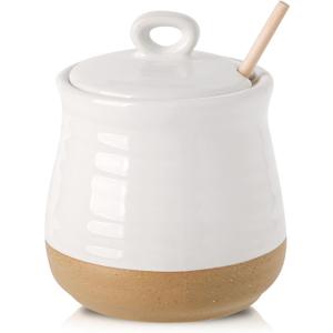 HASENSE Ceramic Honey Pot with Lid and Dipper Stick, 12 Ounce HoneyJar Dish for Home Kitchen, Farmhouse Honey Container for Mother's Day Gift, Dishwasher Safe, White