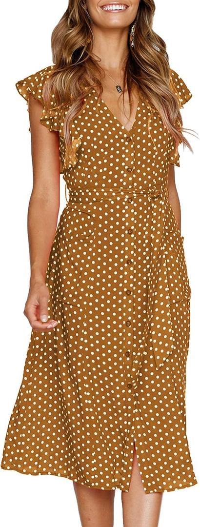 MITILLY Women's Boho Polka Dot Flutter Short Sleeve V Neck Button Down Swing Midi Dress with Pockets (X-Large, 08 Brown)