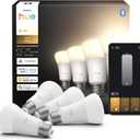 Philips Hue Smart LED A19 Bulb 4-Pack, Warm White Light 2700K, E26 Base, 9W, 810 Lumens, Dimmable, Works with Alexa, Google Assistant, and Apple Home