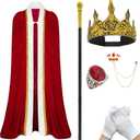 King & Queen Costume Set for Adults with Crown & Scepter, Medieval Royal Cape for Halloween & Christmas