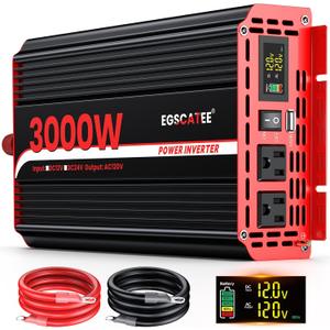 3000 Watts Power Inverter 12V DC to 110V/120V AC Converter Peak Power 6000W Car Inverter with LCD Display, 2 AC Outlets, 3.1A USB Port for RV, Camping,Truck, Boat, Off-Grid Solar System