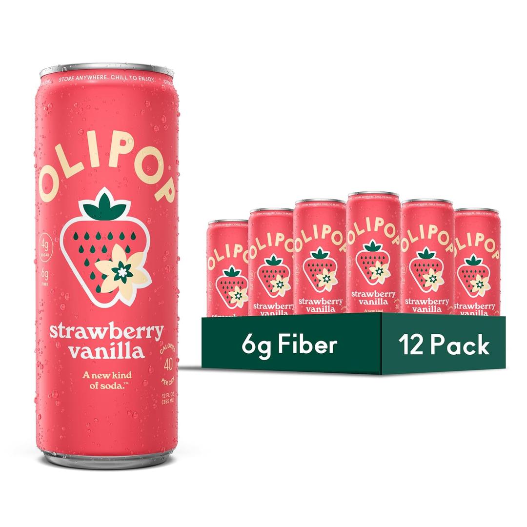 OLIPOP Prebiotic Soda Pop, Strawberry Vanilla, Pantry Pack Packed with Prebiotics, Fiber, and Botanicals, Gluten Free, GMO Free, 12oz Skinny (12-Cans) BBD: 09-15-27