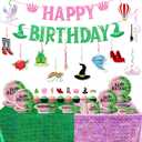50Pcs Witch Princess Birthday Party Decorations Halloween Pink and Green Happy Birthday Banner Hanging Swirls and Honeycomb Centerpieces Tablecloth Cake Topper for Kids Baby Shower Supplies