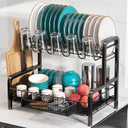 Dish Drying Rack and Drainboard Set, 2 Tier Stainless Steel Dish Rack for Kitchen Counter, Large Dish Strainer Organizers with Cups Holder, Utensil Holder, Black