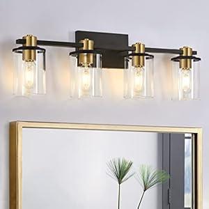 Stambord 4 Light Bathroom Vanity Light, Black and Gold Bathroom Light Fixtures, Sconces Wall Lighting with Clear Glass Shade, Modern Gold Vanity Lighting fixtures for Bathroom, Bedroom, Hallway