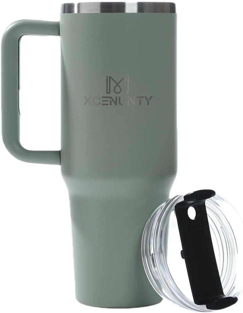 40 ounce glass with handle and straw lid, vacuum insulated travel coffee cup, stainless steel insulated cup, suitable for beverages, leak proof (blackish green)