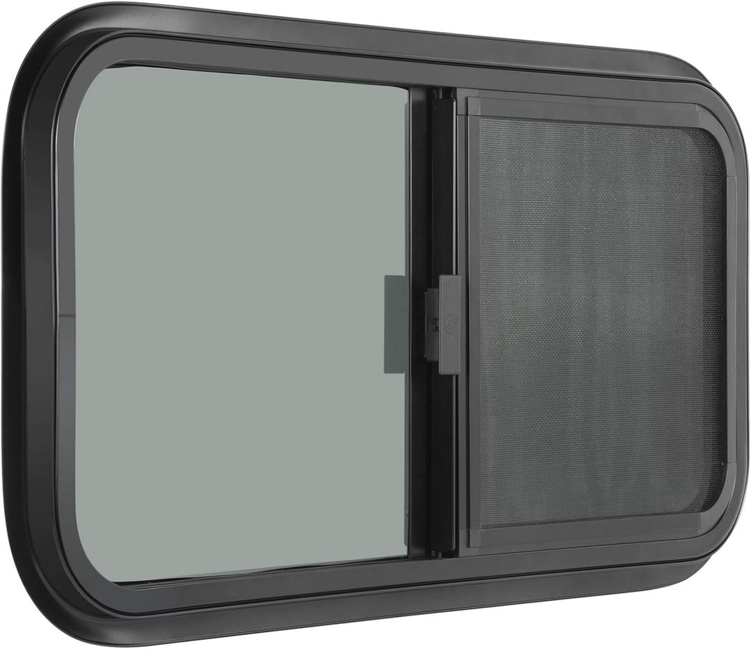 Horizontal RV Window, 21" W x 14" H Tinted Sliding RV Window with Net Screen and Trim Ring, Suitable for 15/16" or 1-3/8" and Slightly Thicker Up to 1/16" Walls, DOT Approved