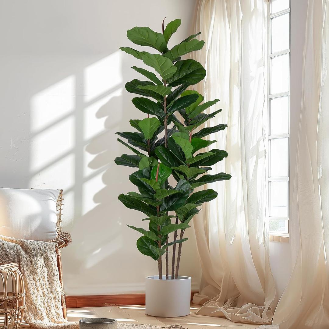 Faux Fiddle Leaf Fig Tree 6 FT - Artificial Ficus Tree with Tall Artificial Plants Large 69 Fiddle Leaves - Lifelike Fake Trees for Home Decor Living Room Indoor Outdoor