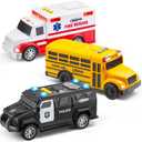 3-Pack Emergency and School Vehicle Toy Set  Friction Powered Police Car, Ambulance, and Student Bus with Lights and Sounds  Educational and Safe Toy for Kids, Ideal Gift for Boys and Girls