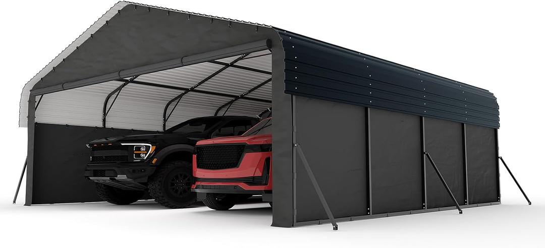 GarveeLife 20 ft x20 ft x13 ft Enclosed Metal Carport for 2 Cars, Heavy Duty Steel Frame for All Weather, Permanent Shelter for Boats, Full-Sized Pickup Trucks, and Tractors, N.W. 1,000 LBS