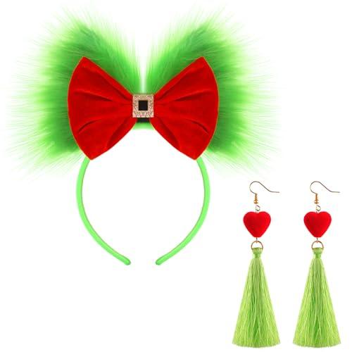 Canlierr 2 Pcs Red Green Furry Bow Headband and Christmas Dangle Earrings for Women Large Green Hairband with Heart Green Tassel Dangle Earrings for Cosplay Party Dress up Accessories