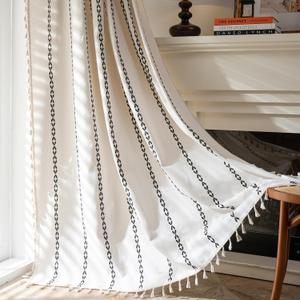 Sutuo Home Boho Curtains 84 Inches Long, White and Black Bohemian Drape for Bedroom Living Room, Light Filtering Country Semi Blackout Farmhouse Window Treatment Rod Pocket, 1 Panel W52 x L84