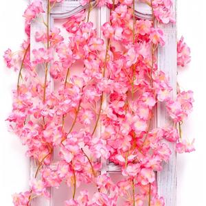 ASTRYAS 2Packs Artificial Cherry Blossom Flower Vines Pink Artificial Flower Garland Vines Silk Hanging Sakura Garland for Wedding Garden Arch Wall Home Party Japanese Kawaii Decor (Deep Pink)