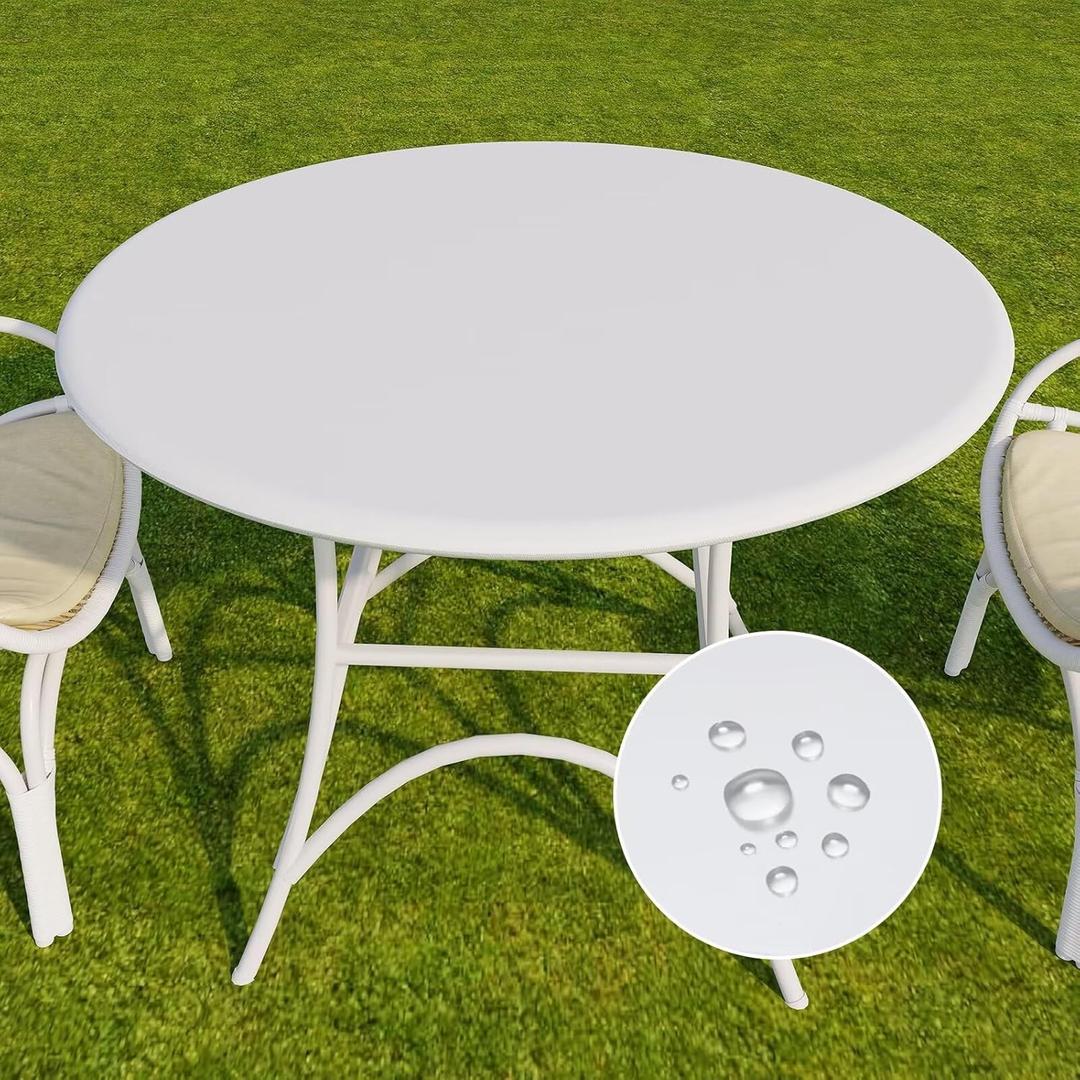 Romanstile Round Vinyl Tablecloth, 100% Waterproof Elastic Fitted Table Covers for 36"- 44" Tables, Wipeable Flannel Backed Plastic Table Cloths for Picnic, Camping, Outdoor - White