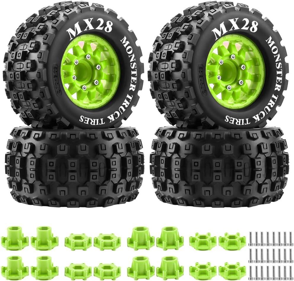 GLOBACT MX28 F/R 2.8" MT Tires with 12mm/14mm Hex Adapter for ARRMA Big Rock Granite VORTEKS 3S TRAXXAS Stampede Rustler 1/10 RC Truck Car 4PCS (Green)
