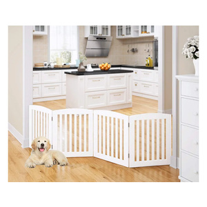 PAWLAND Wooden Freestanding Foldable Pet Gate for Dogs, 24 inch 4 Panels Step Over Fence, Dog Gate for The House, Doorway, Stairs, Extra Wide (White, 24" Height-4 Panels)