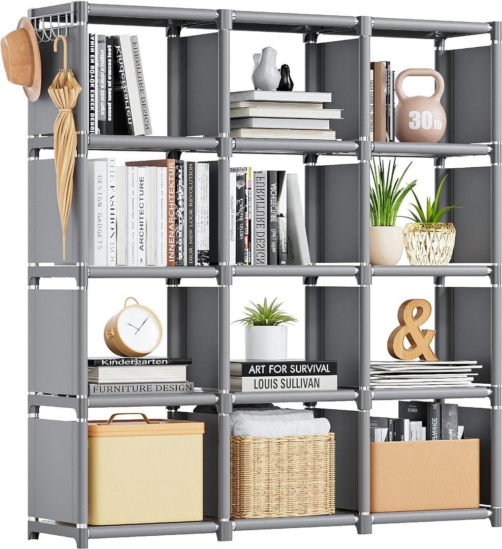 Mavivegue Book Shelf, 12 Cube Storage Organizer, DIY Bookcase, Metal Cube Bookshelf,Tall Book case for Bedroom, Living Room,Office,Closet Storage Organizer, Grey Cubicle Storage Rack