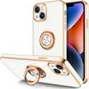 Hython for iPhone 14 Plus Case with Ring Stand [360 Rotatable Ring Holder Magnetic Kickstand] [Support Car Mount] Plated Gold Edge Soft TPU Luxury Shockproof Protective Phone Case Cover, White