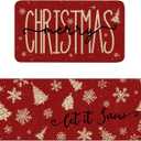 Red Christmas Kitchen Mats Set of 2, Linen Xmas Kitchen Rugs, Merry Christmas & Let It Snow Design, Non-Slip Floor Mats for Kitchen, Entryway Christmas Decor 17x30+17x47 Inch