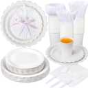 Ziliny 350 Pcs White Plates and Napkins, 50 Guest White Party Supplies Include Scalloped Paper Plates Napkins Cups Plastic Spoons Forks Knives Disposable Tableware Set for Weeding Bridal Baby Shower